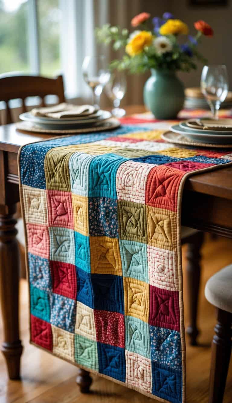 A patchwork quilted table runner laid out on a wooden dining table with a vase of flowers and tableware nearby.