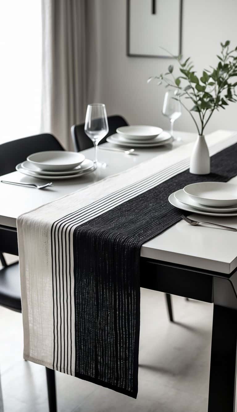 A black and white table runner with geometric patterns laid out on a dining table with plates and a small vase.