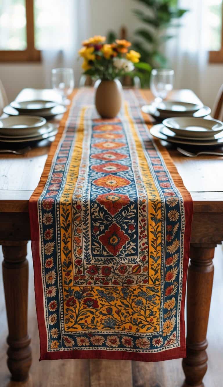 A wooden dining table with a colorful printed cotton table runner and simple table settings including plates and a small vase with flowers.