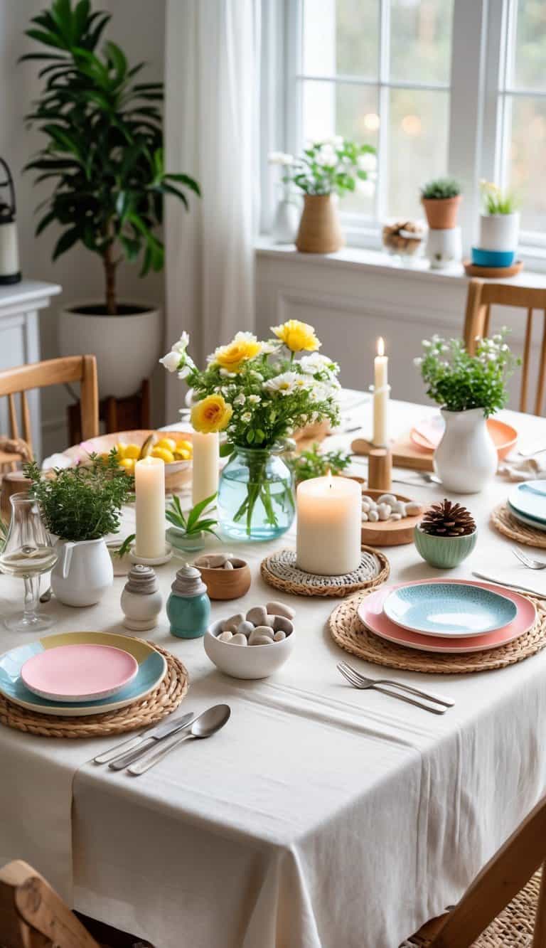A dining table set with various everyday decorative items including flowers, candles, plates, glassware, and small plants arranged neatly.
