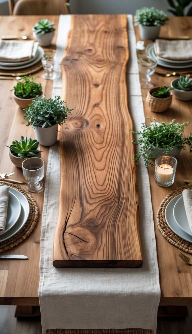 A wooden table with a rustic wood table runner and various simple table decor items arranged around it.
