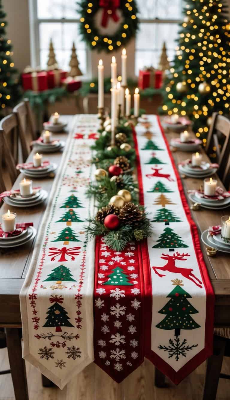 A dining table displaying a variety of Christmas-themed table runners with festive decorations and holiday ornaments around it.