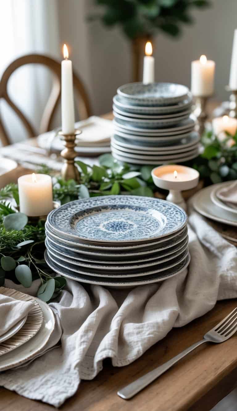 A dining table with a centerpiece made of vintage ceramic plates surrounded by greenery and candles.