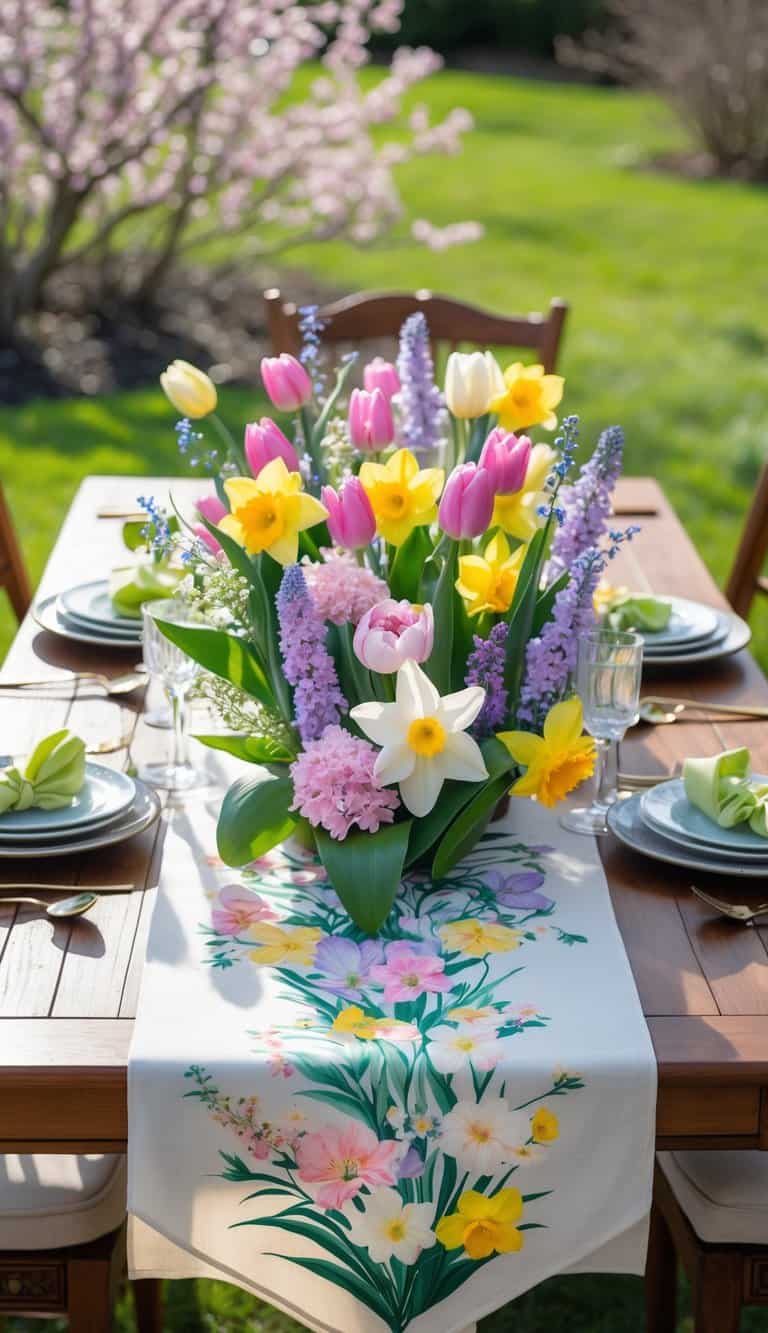 A wooden table outdoors with a colorful spring floral table runner featuring tulips, daffodils, and cherry blossoms surrounded by greenery.