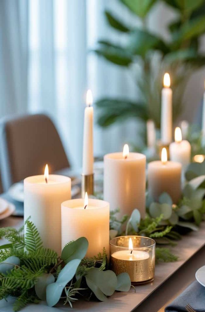 A dining table centerpiece with lit white candles of various sizes, surrounded by green foliage and set for a meal.