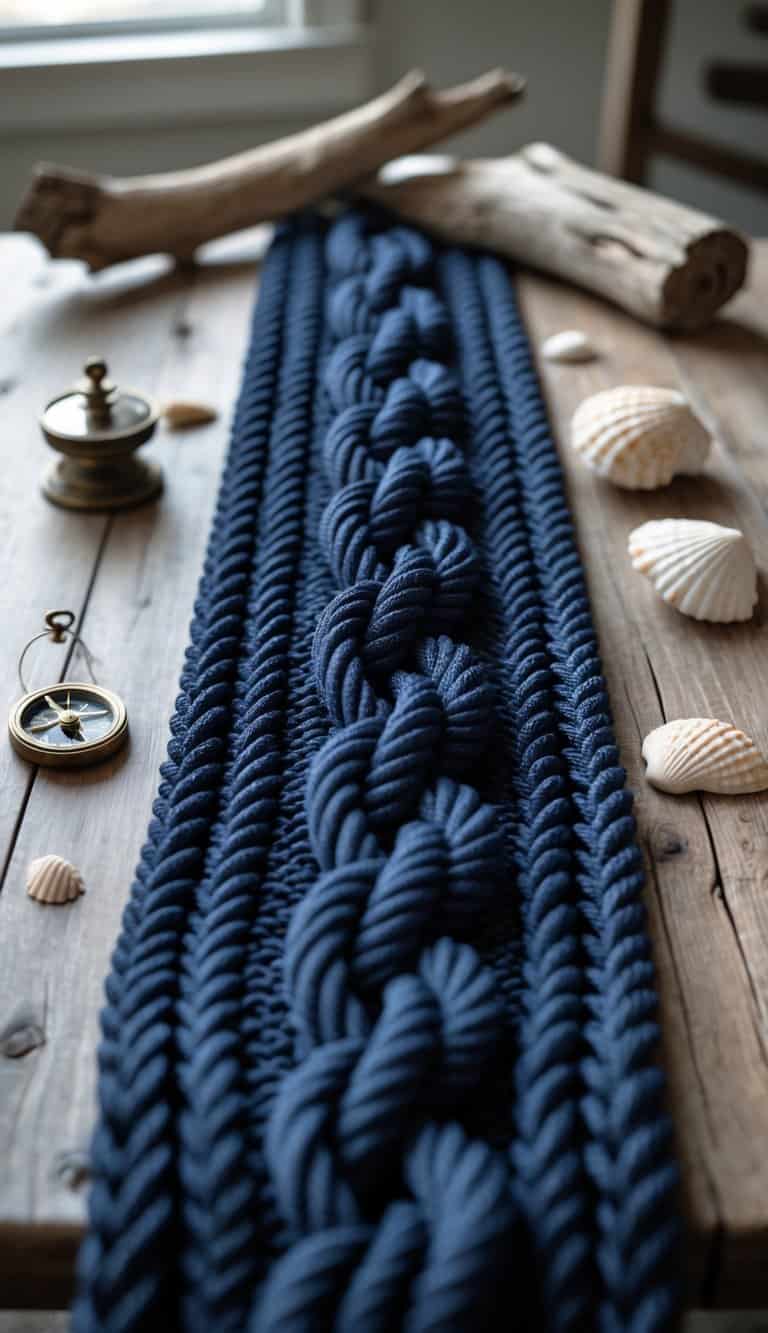 A navy blue rope table runner with braided details laid on a wooden table, surrounded by small seashells and a vintage compass.