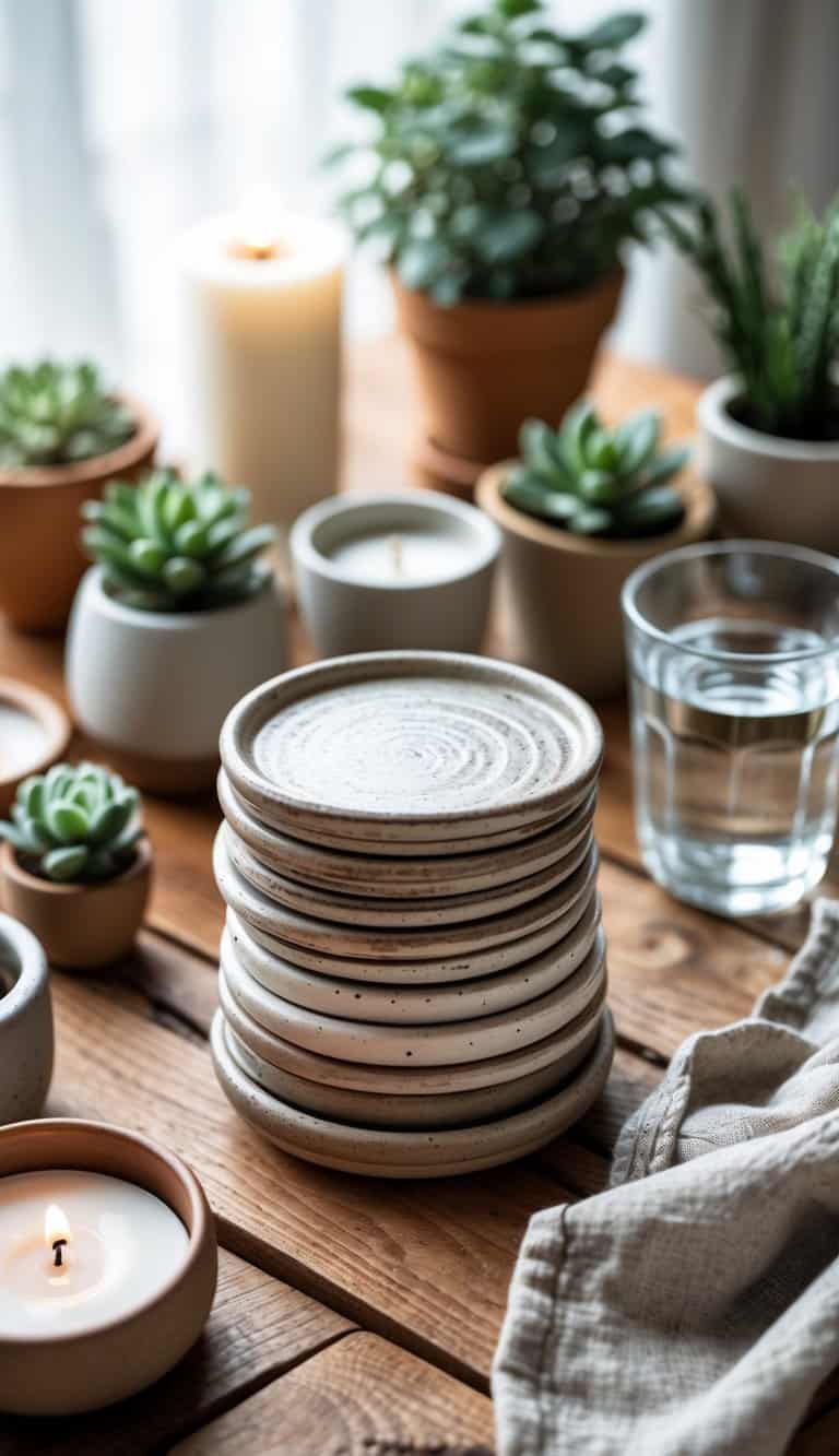 A stack of handmade ceramic coasters on a wooden table surrounded by everyday table decor items including plants, candles, a mug, and a glass of water.