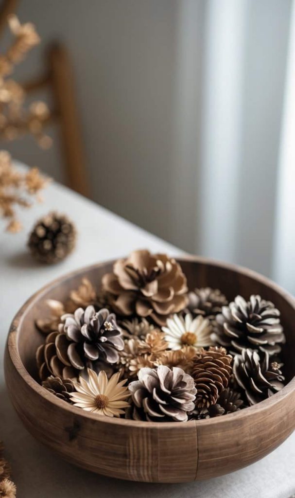 A wooden bowl filled with pinecones and dried flowers sits on a light-colored surface near a window.