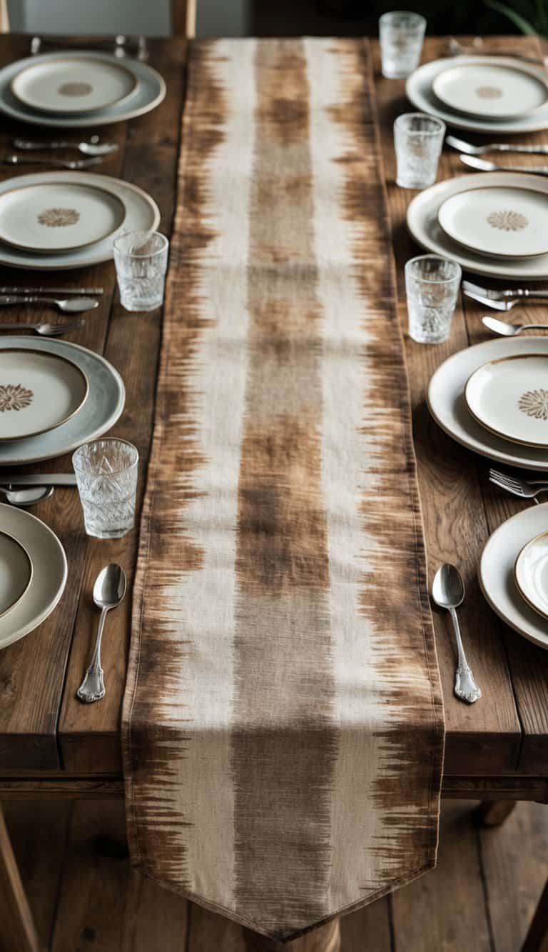 A vintage-style table runner with coffee stain patterns laid on a wooden dining table with plates and cutlery.