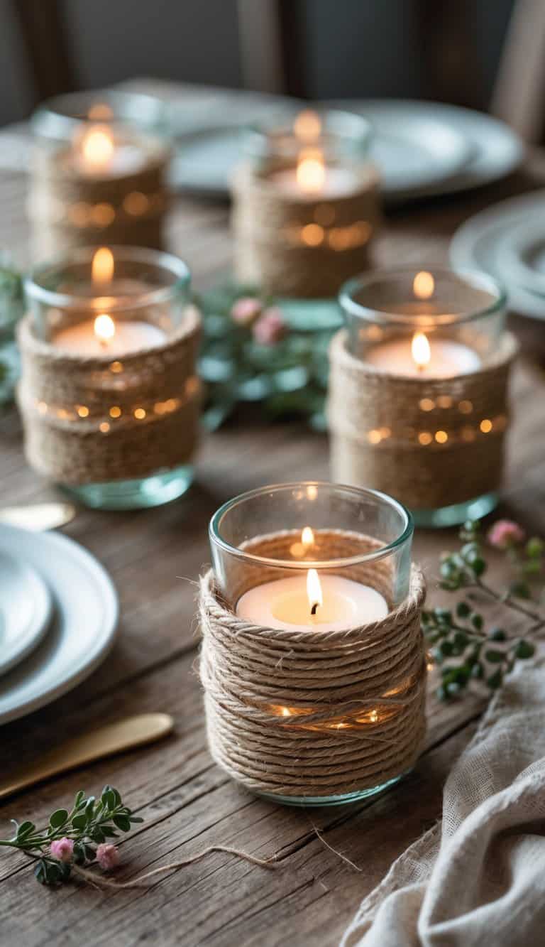 Glass votive candle holders wrapped in jute twine on a wooden table with lit candles and small decorative greenery.