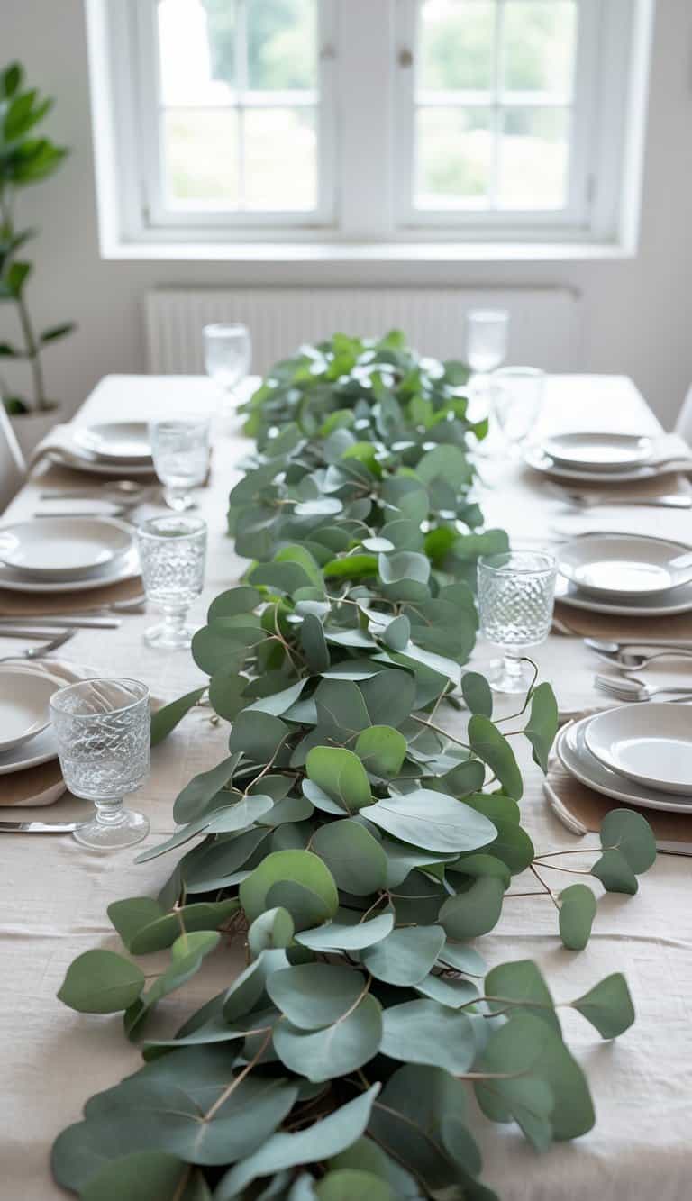 A dining table decorated with a fresh eucalyptus garland and simple table settings including plates, glasses, and cutlery.
