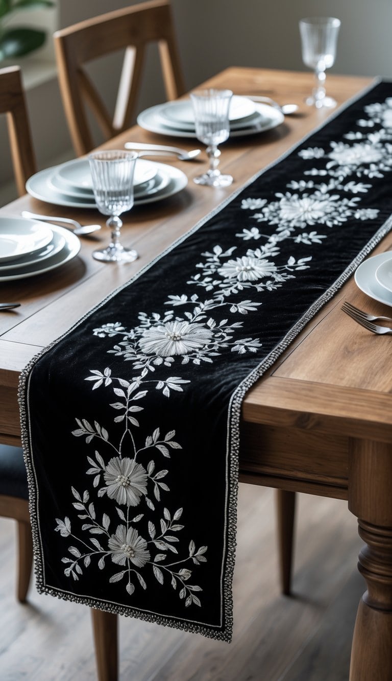 A black velvet table runner with silver embroidery displayed on a wooden dining table with plates and cutlery.