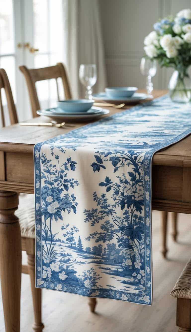 A wooden dining table with a blue and white patterned table runner featuring detailed pastoral scenes.