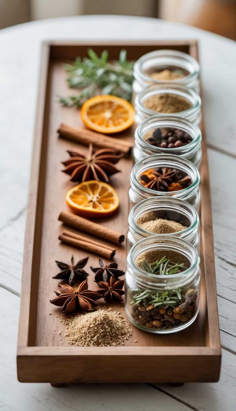 A narrow wooden tray holding small jars filled with various seasonal spices on a wooden table.