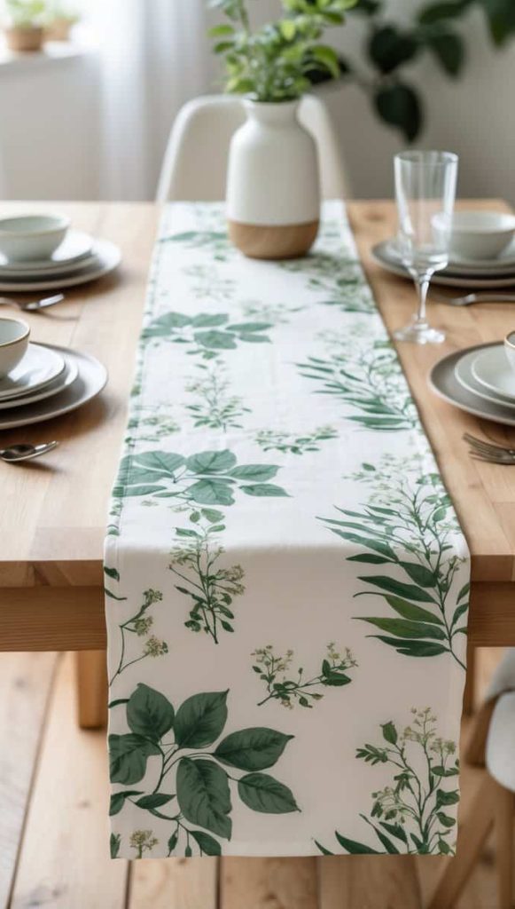 A wooden dining table set with plates, bowls, glasses, and a white table runner with green leaf patterns, featuring a white vase with greenery.