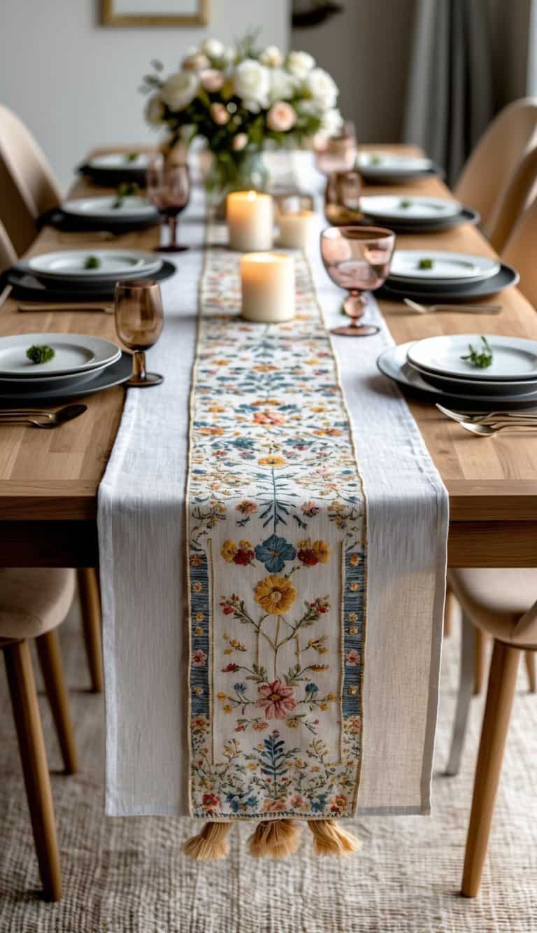 A dining table displaying multiple different table runners with various patterns and colors, styled with tableware and candles in a modern dining room.