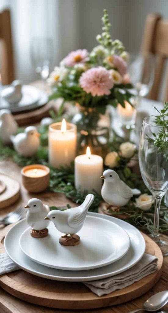 A dining table set with white plates, napkins, silverware, candles, ceramic bird figurines, and a floral centerpiece.