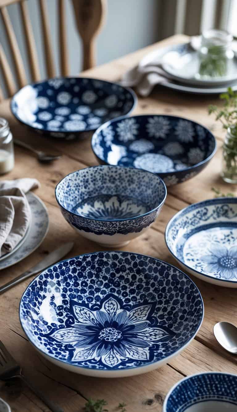 A wooden table set with patterned cobalt blue ceramic bowls surrounded by simple tableware and fresh herbs.