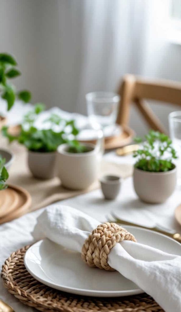 A neatly set dining table with white plates, woven placemats, white napkins in braided rings, and small potted plants as decoration.