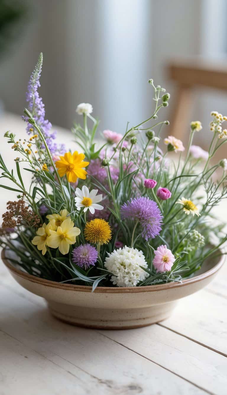 A low arrangement of mixed wildflowers in a shallow dish on a wooden table.