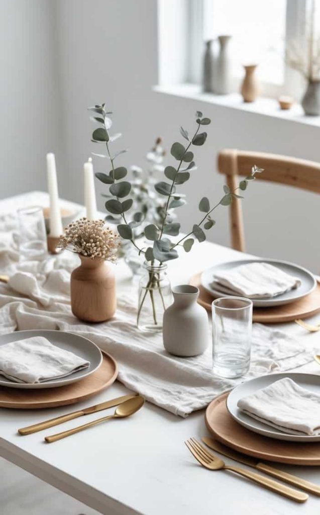 A neatly set dining table with wooden chairs, neutral-toned plates and napkins, gold cutlery, glassware, and minimalist vases with greenery and dried flowers.