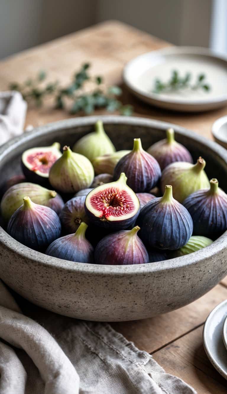 A large stoneware bowl filled with fresh figs on a wooden table with simple table decor around it.