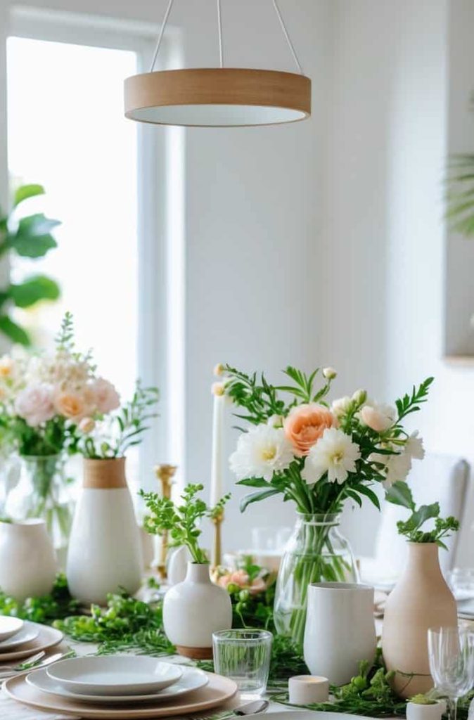 A dining table set with white plates, glassware, and neutral vases filled with fresh flowers and greenery in a bright, modern room.