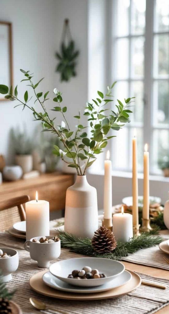 A dining table set with white plates, gold cutlery, candles, pinecones, greenery, and a vase with leafy branches in a bright, modern room.