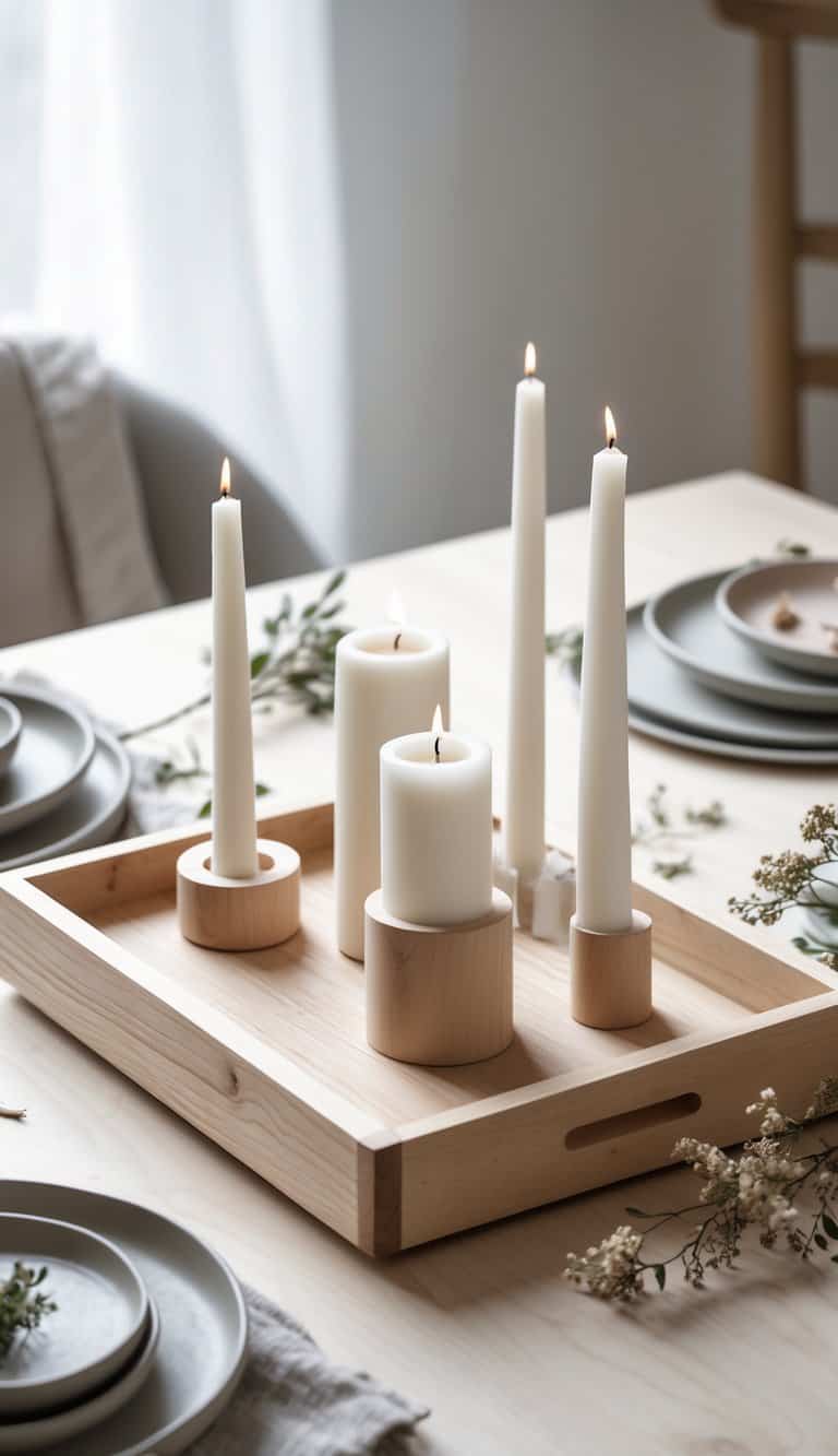 A wooden candle tray with white candles on a table set with plates, glasses, napkins, and greenery.