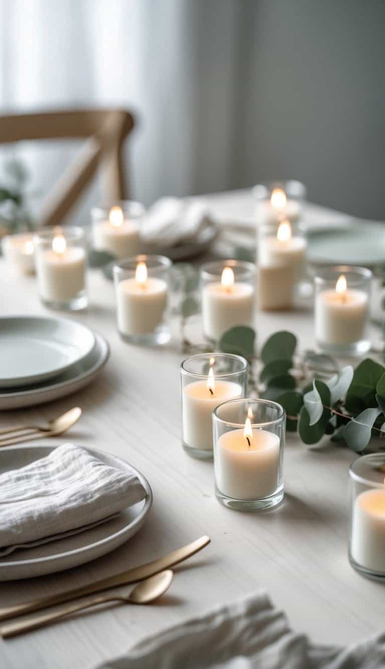 A table set with simple glass tealight holders lit with candles, surrounded by natural elements and tableware.