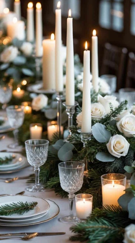 A table set with candles and flowers.