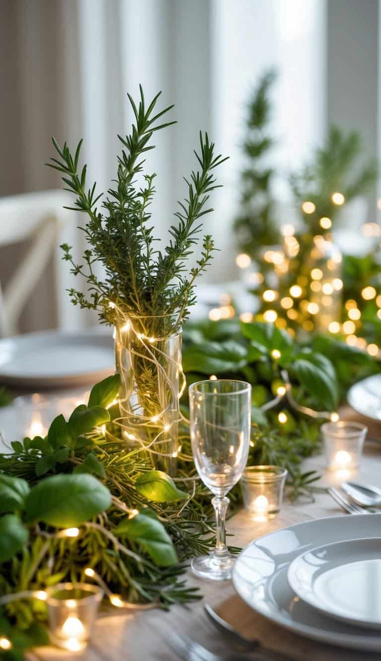 A table with fresh green herbs and warm white fairy lights arranged as a centerpiece.