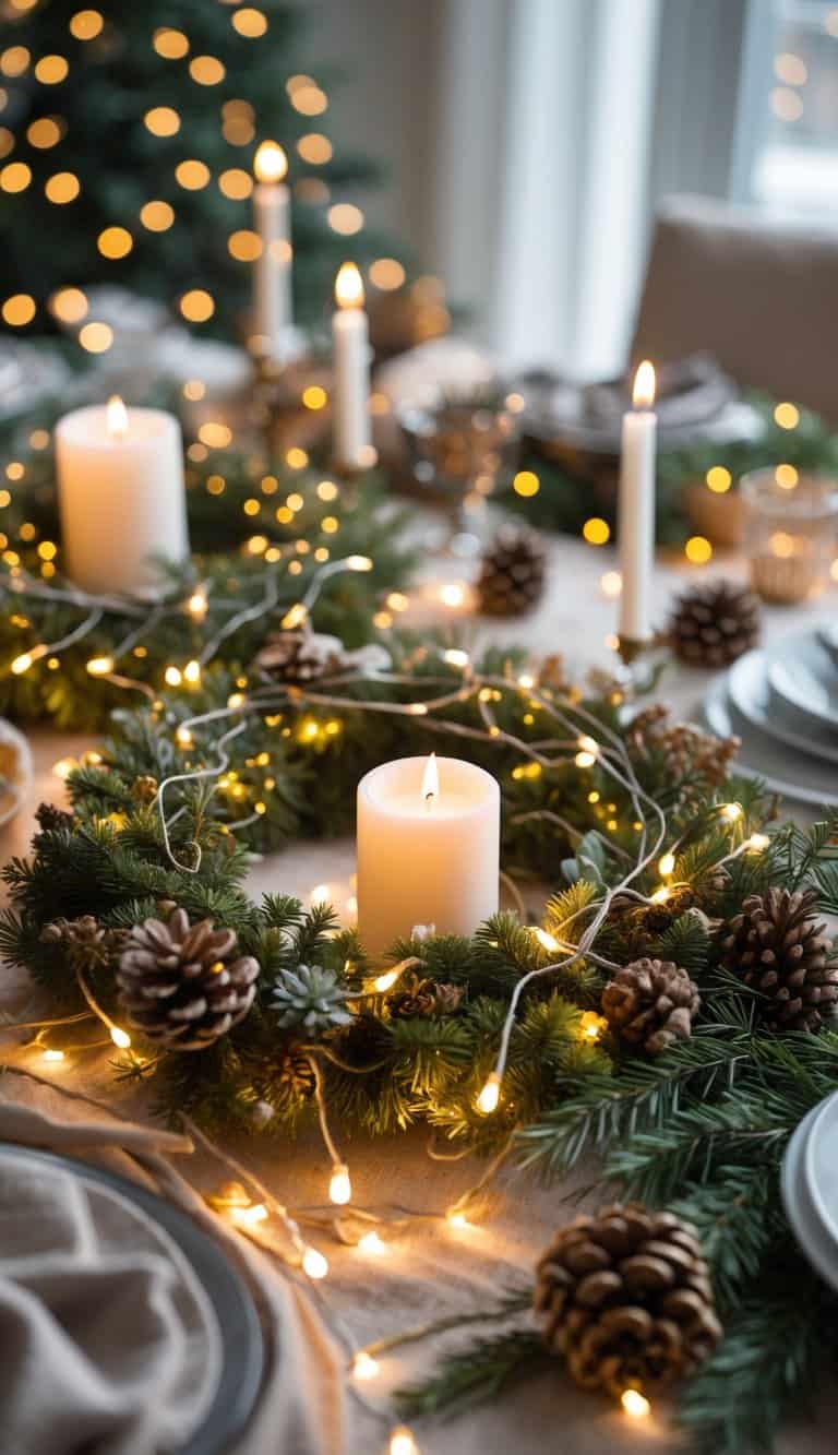 A table decorated with candle wreaths wrapped in warm white fairy lights, surrounded by pinecones and greenery.