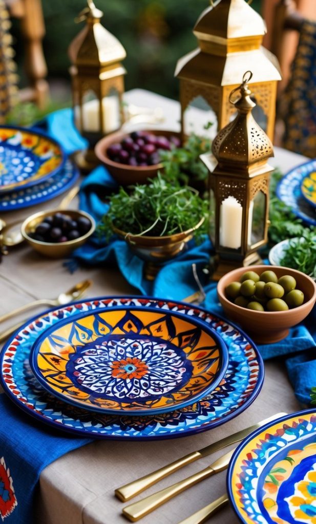 A table set with colorful patterned plates, gold cutlery, bowls of olives and greens, and decorative lanterns, arranged on a blue table runner.