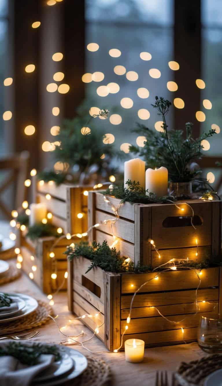 A tablescape with rustic wooden crates wrapped in warm white fairy lights, surrounded by greenery and candles.
