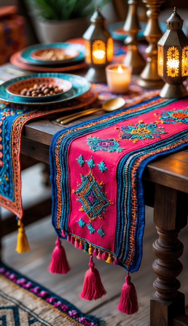 A wooden table decorated with colorful embroidered runners with tassels and Moroccan-style tableware.