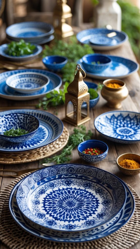 A wooden table set with blue and white patterned plates, bowls, and platters, surrounded by herbs, spices, small lanterns, and cutlery arranged for a meal.