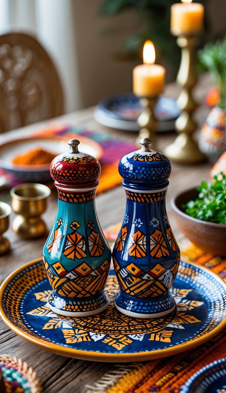 A close-up of ceramic salt and pepper shakers on a wooden table surrounded by colorful dishes and decorative items.