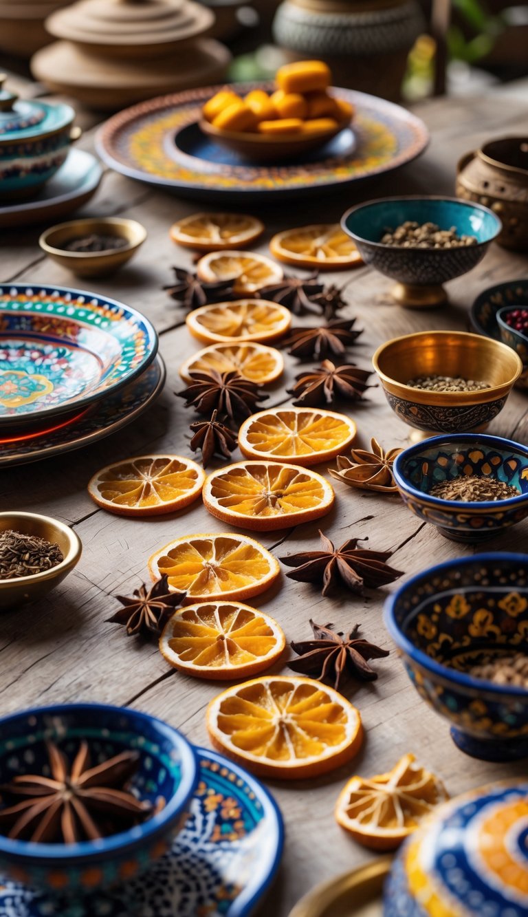 A Moroccan table decorated with dried orange slices, star anise, colorful plates, and traditional serving dishes on a wooden surface.