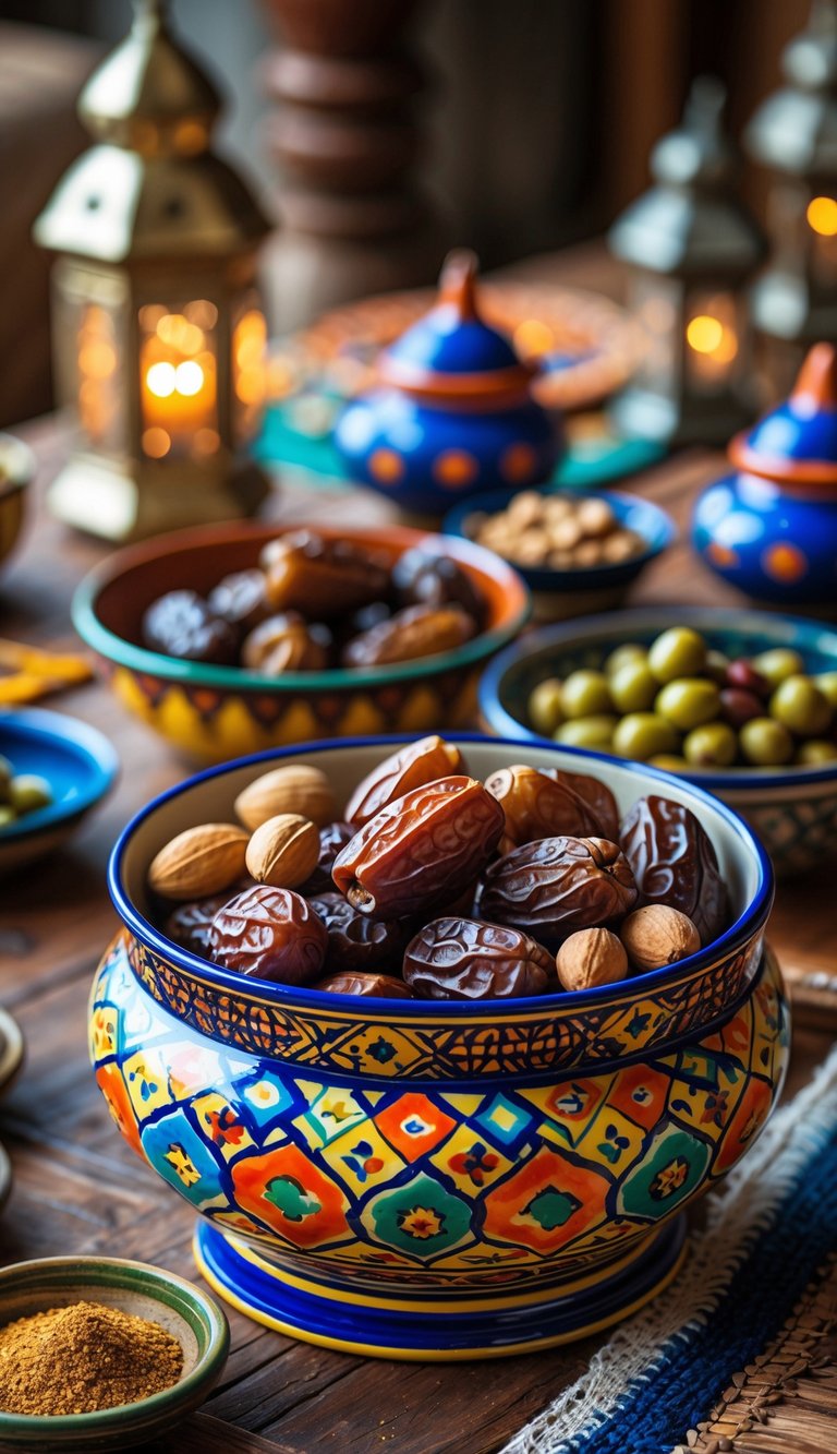 A colorful ceramic bowl filled with dates and nuts on a wooden table with Moroccan decorative items around it.