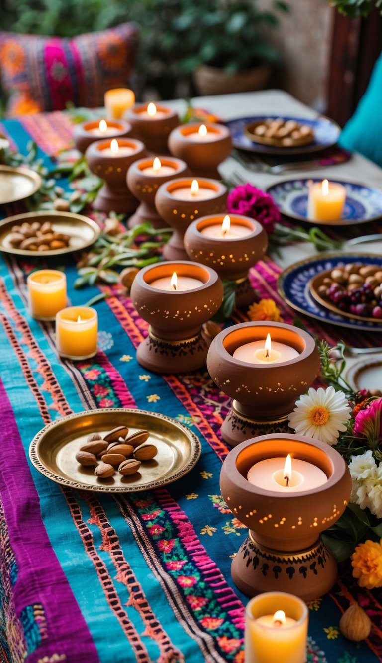 A table set outdoors with handmade clay tea light holders, colorful Moroccan textiles, candles, and traditional decorative items arranged for a festive gathering.