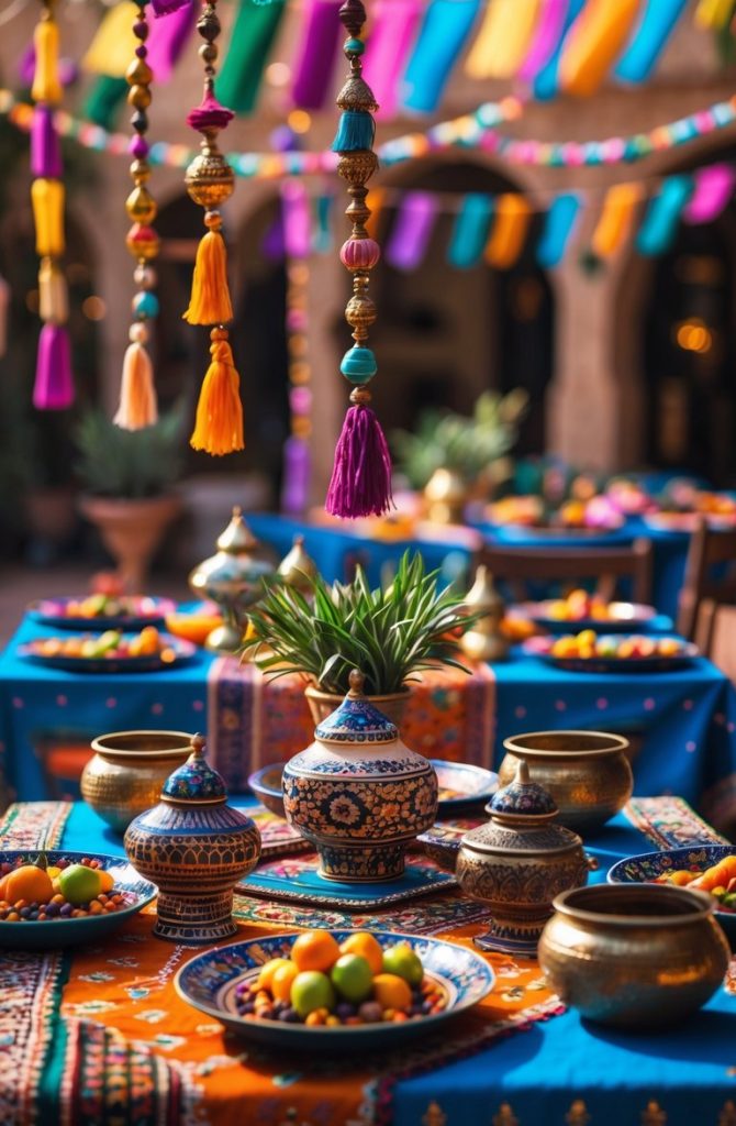 Colorful traditional table setting with patterned dishes, brass bowls, and vibrant hanging decorations for a festive outdoor event.