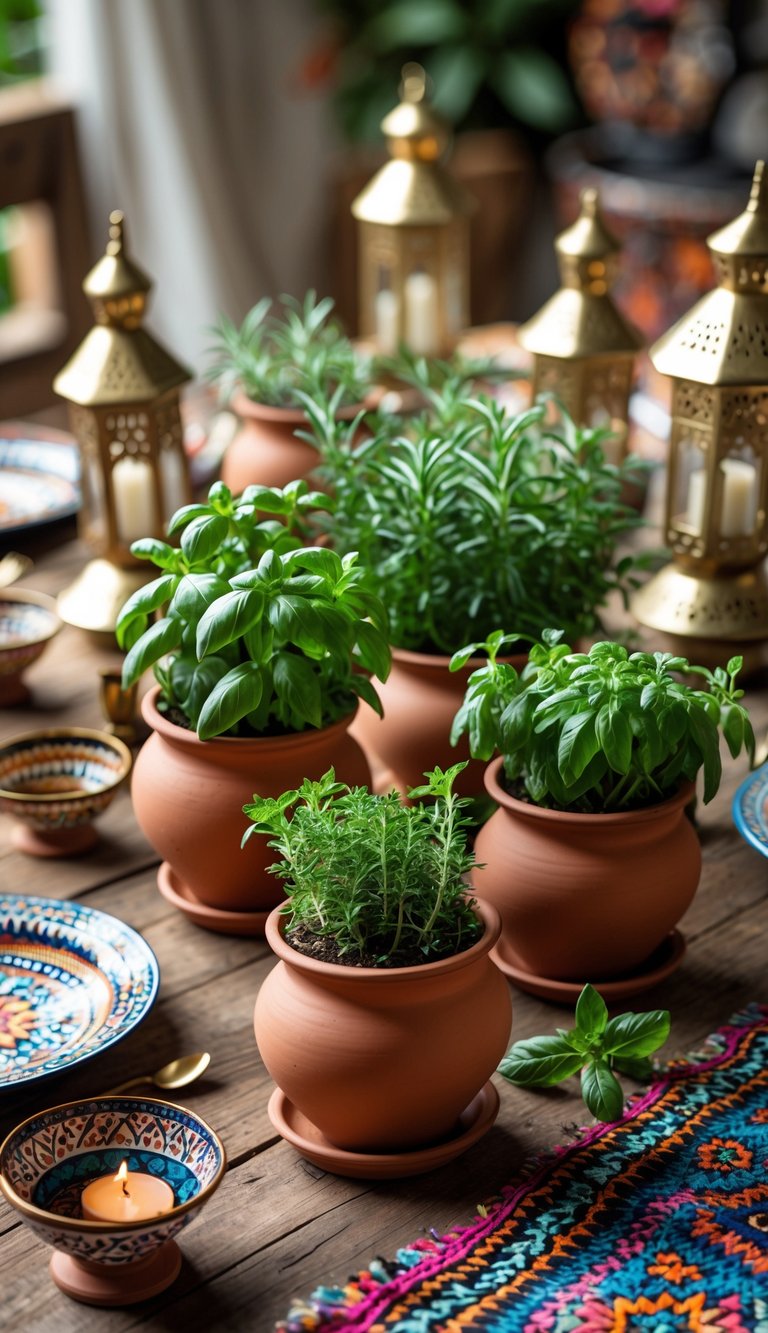 A Moroccan table set with terracotta pots filled with fresh herbs, colorful ceramics, and brass lanterns.