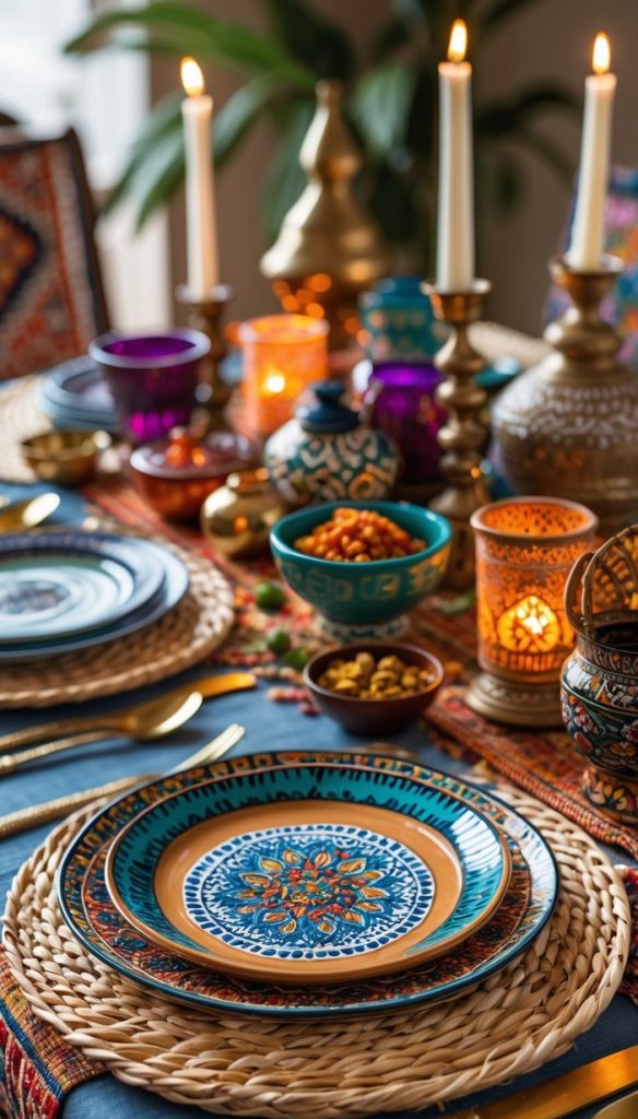 A dining table set with colorful patterned plates, woven placemats, gold cutlery, and ornate candles, surrounded by decorative bowls and patterned textiles.