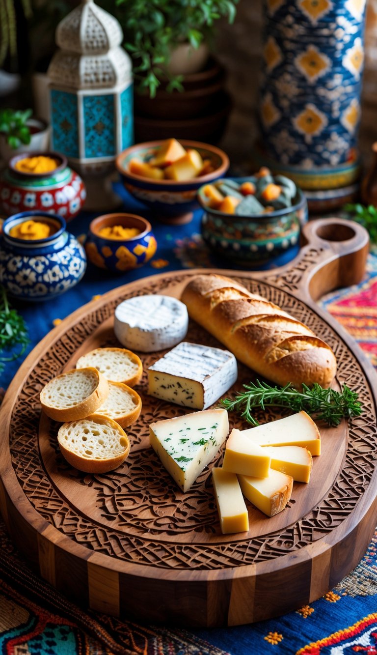 Wooden serving board with bread and cheese surrounded by Moroccan table decorations and textiles.