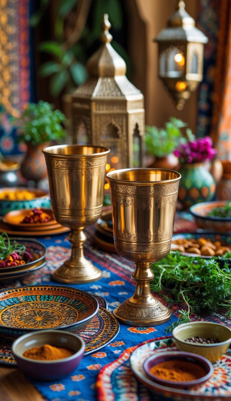 A Moroccan dining table set with metallic gold and bronze drinking glasses, colorful plates, textiles, and decorative items.