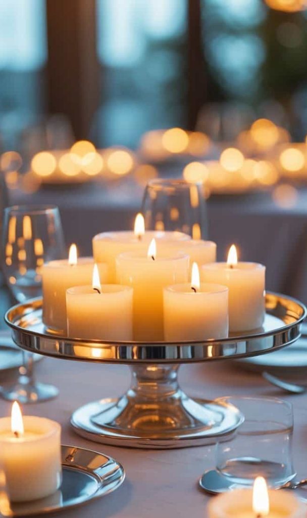 A group of lit white candles sits on a silver tray centerpiece, surrounded by glassware and plates on a set dining table.