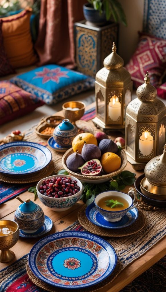 A table set with ornate blue and gold dishes, fruit, nuts, tea, and decorative lanterns, surrounded by colorful pillows and textiles in a cozy setting.