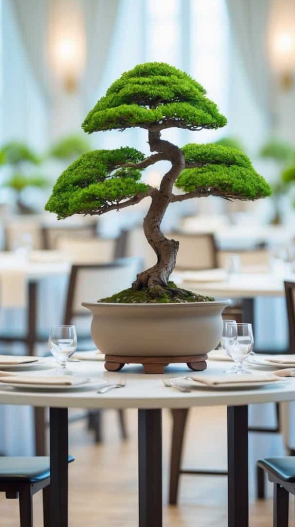 A potted bonsai tree is centered on a round dining table set with plates and glasses in an elegant, well-lit room.