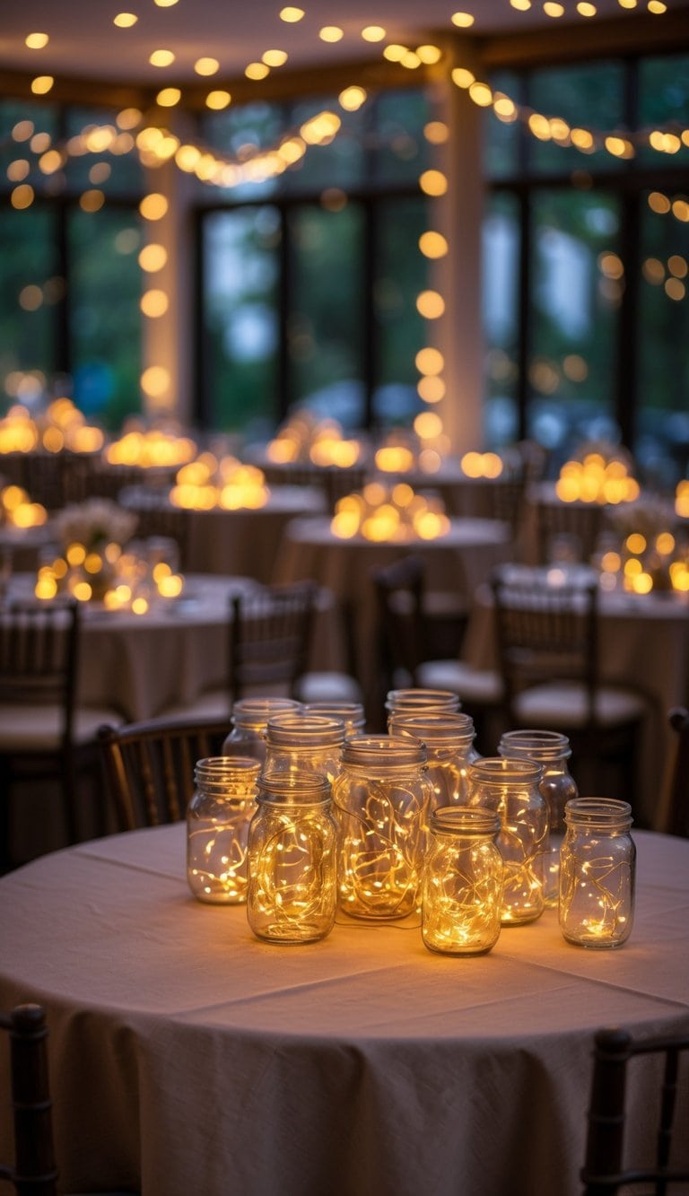 Fifty small glass jars filled with glowing fairy lights arranged as centerpieces on dining tables.